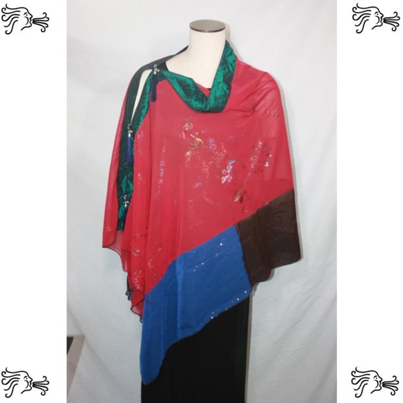 Patchwork Poncho Deep Red Iridescent Painted Wrap